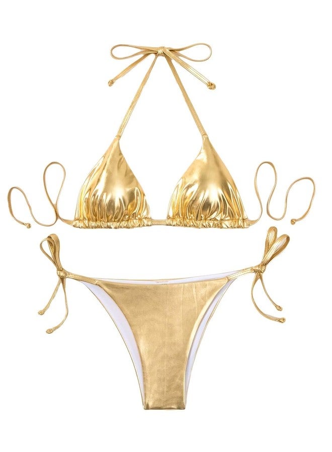 Falainetee Women's Metallic Shiny Bathing Suit High Waisted Triangle Tie Side Swimsuit Bikini Set Gold L - Image 1